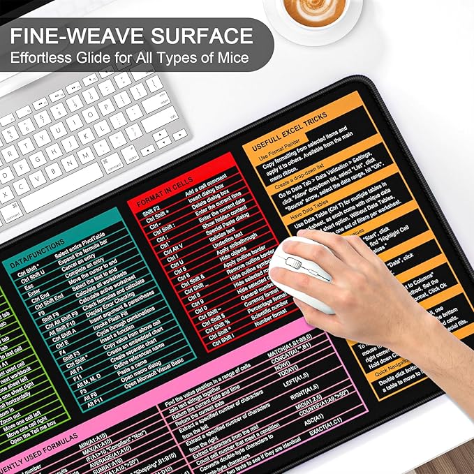 Auhoahsil Large Mouse Pad, XXL Gaming Mousepad, Desk Mat for Desktop, Thick Rubber, Big & Long Size, Stitched Edges, Full Desk Pad for Laptop & Computer, Extended 35.4 x 15.7 in, Excel Shortcut Keys