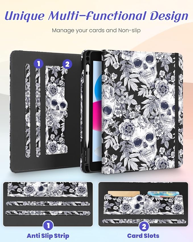 Kidcube for iPad 10th Generation Case 2022, for iPad (A16) Case 11th Generation 2025 - for Women Girls Cute Rotating Stand Folio Cover with Pencil Holder & Card Slot Flowers Goth Skull Design Cases
