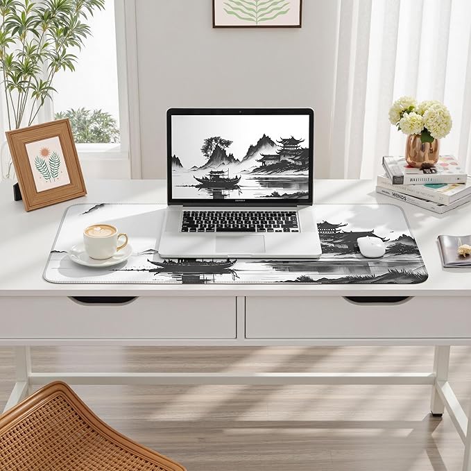 Chinoiserie Mouse Pad Black White Large Ink Painting Desk Mat Landscape XXL Large Gaming Mouse Mat for Office,Computer,Keyboard,Laptop and Home Desk Mat 31.5 X 15.7inch
