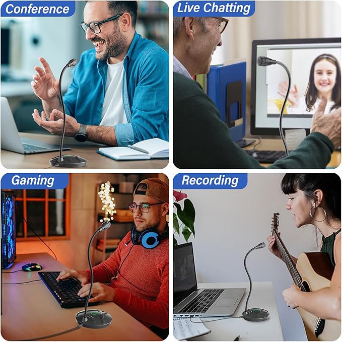 Plug & Play USB Computer Microphone, Flexible Gooseneck & Mute Button LED – Desktop Microphone for Gaming, YouTube, Streaming, Compatible with Windows/Mac (1.8m /6ft)