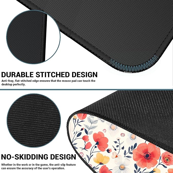 ProbTis Cute Flower Mouse Pad, Large Floral Desk Mat, XXL Gaming Keyboard Mat, Stitched Edges Rubber Base, Big Extended Desk Protector for Home Office, 35.4”x15.7” (Village Road Flower)