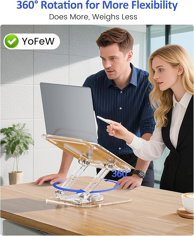 Laptop Stand for Desk - Adjustable, Foldable Clear Acrylic Riser with 360° Rotating Base, Ergonomic Laptop Holder for MacBook Pro/Air & 10-16” Notebooks