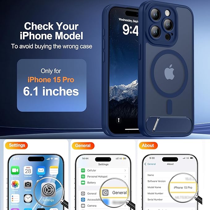Magnetic Compatible with iPhone 15 Pro Case, [Built-in Kickstand][Full Camera Protection][Compatible with MagSafe][Anti-Fingerprint] Shockproof Phone Case for iPhone 15 Pro 6.1",Blue