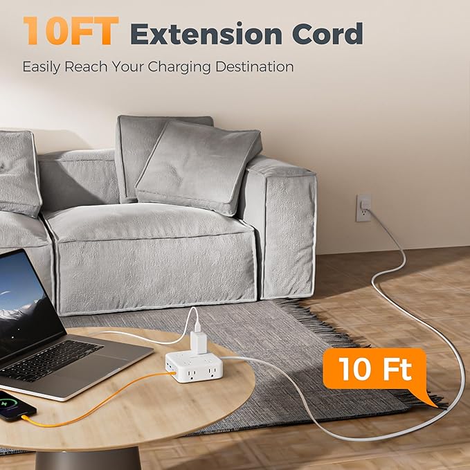 TESSAN 10 Ft Surge Protector Power Strip, 4 USB(2 USB C) 8 Outlets, Flat Plug Extension Cord with Multiple Outlets, 2100J Protection, 20W Desk Charging Station for Home, Office, Dorm Room Essentials
