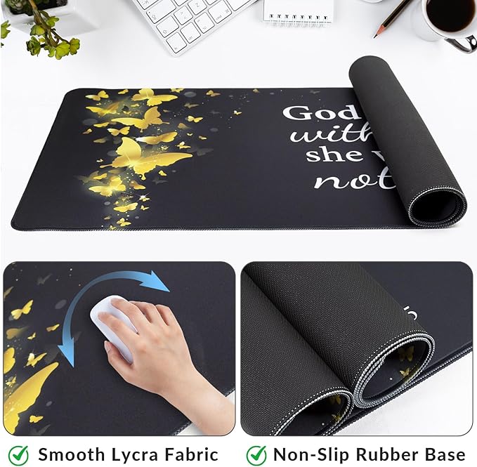 Large Gaming Mouse Pad with Coaster, Desk Matt for Desktop, Desk Pad, Mouse Pads Mat, Stitched Edges Big Extended Mousepad for Computer Keyboard Laptop Office Decor, 31.5'' x15.6''-Gold Butterfly