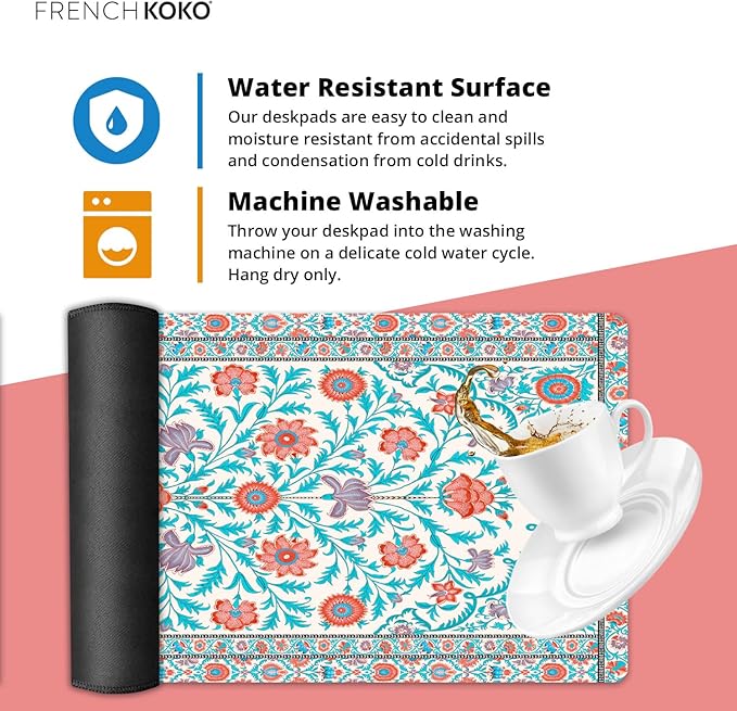 French KOKO Large Desk Mat 36" x 16.5" – Boho Floral Tapestry Mouse Pad for Keyboard & Mouse – Non-Slip Waterproof Desk Protector Aesthetic Office Pad for Women
