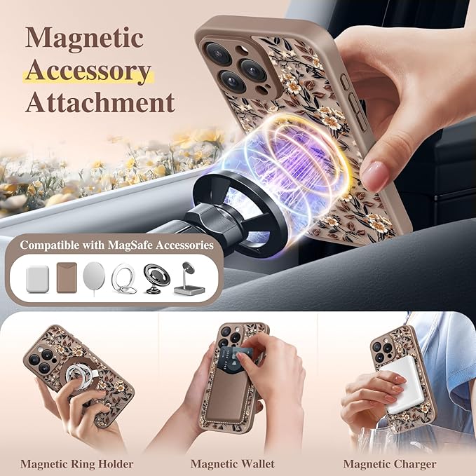 GVIEWIN for iPhone 15 Pro Case Compatible with MagSafe, [Military Grade Protection] [Screen Protector] Full Camera Protection Floral Translucent Women Magnetic Phone Case, Bunchflower/Brown