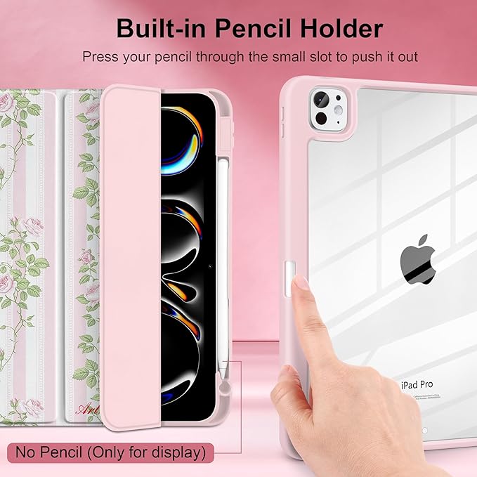 TWOLSKOO Case for iPad Pro 11-inch (M5 2025 / M4 2024), Clear Acrylic Back with TPU Bumper, Pencil Holder, Trifold Stand, Auto Sleep/Wake, Rose Vine