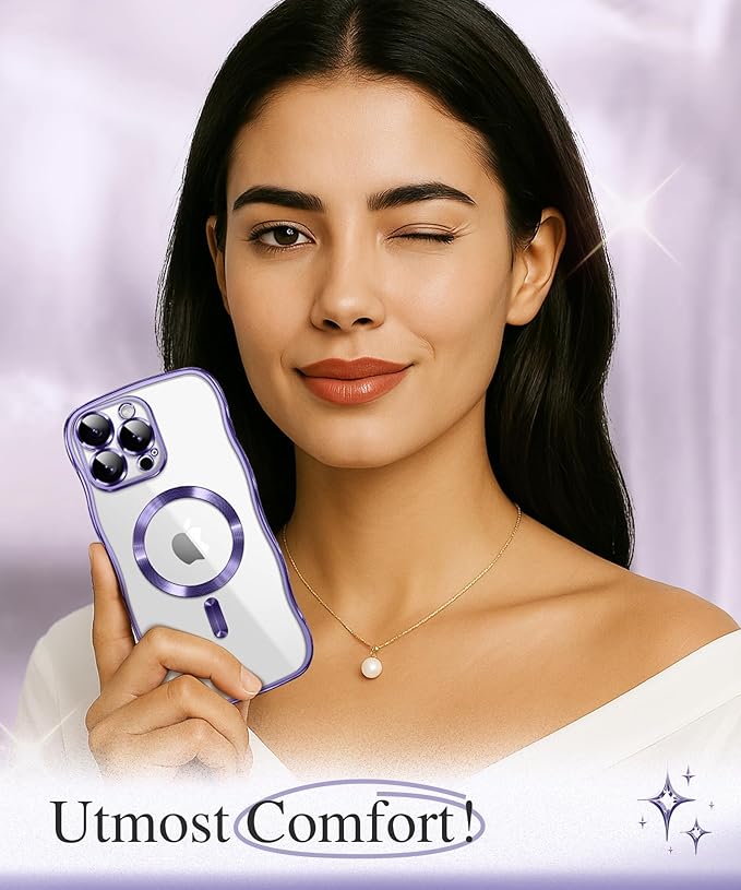 GVIEWIN for iPhone 16 Pro Max Case Compatible with MagSafe, Upgraded [Full Camera Protection][Cute Wave Frame][Military Grade Protection] Electroplated Soft Phone Cover for Women Girl, Clear/Purple