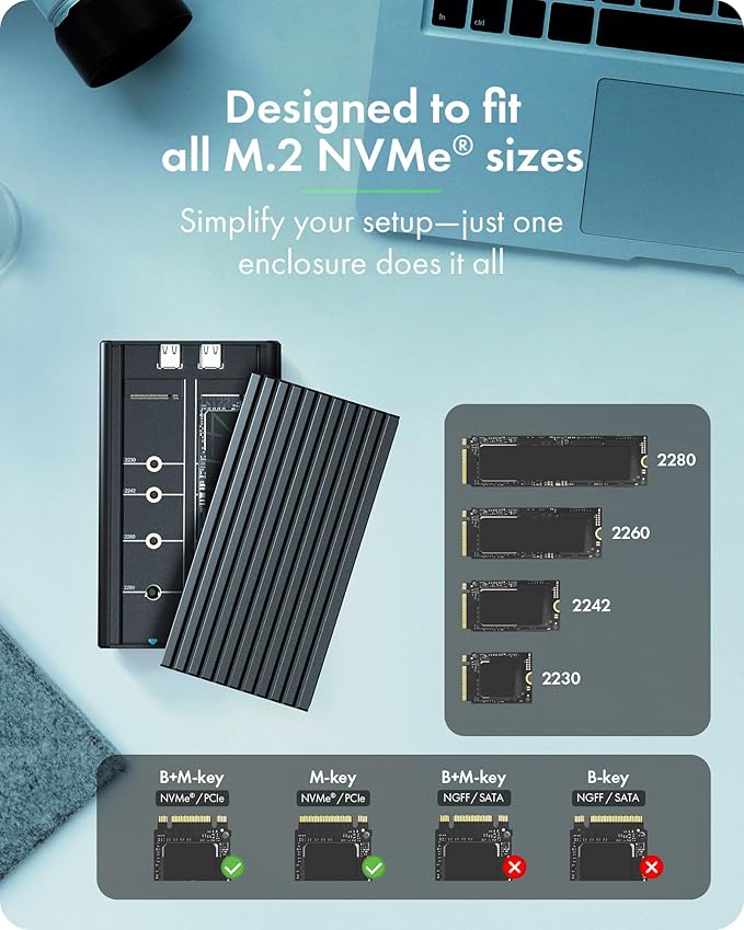 Dual M.2 NVMe SSD Enclosure, ICY BOX 20Gbps NVMe Enclosure, USB C to M2 Adapter for M Key PCIe 2230/2242/2260/2280 M.2 SSDs, Dual Bay Tool-Free Installation Aluminum SSDs Reader