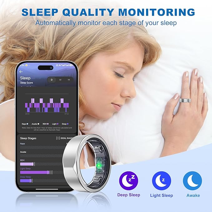 Smart Ring for Women Men, Titanium Fitness Ring with Heart Rate, Stress & Sleep Monitoring,Step & Calorie Counter, 5ATM Waterproof for iPhone and Android,No Subscription Fee (Silver 13)