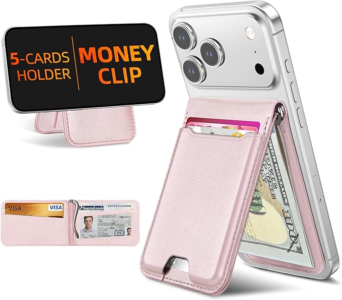 ExtreLife For Magsafe Wallet with Money Clip, Strongest Magnetic Wallet for iPhone 17/16/15/14/13/12 Series, Adjustable Stand, ID Window, 5 Card Holder, RFID Blocking, Not for 13/12 Mini, Pearl Pink
