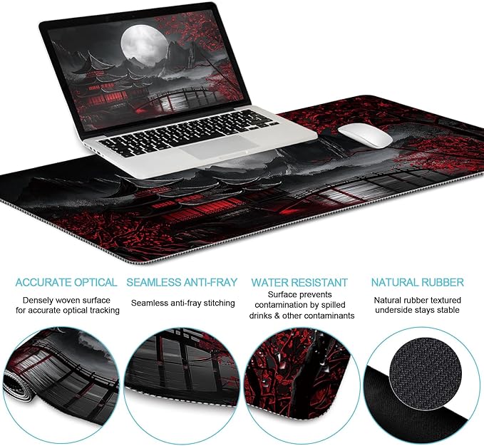 LIMKRIAN Japanese Mouse Pad Large Desk Mat Set, XXL Anime Full Moon Ergonomic Mousepad with Wrist Rest, Wrist Support Gaming Keyboard Mat Cup Coaster Set, Japanese Style Office Desk Accessories