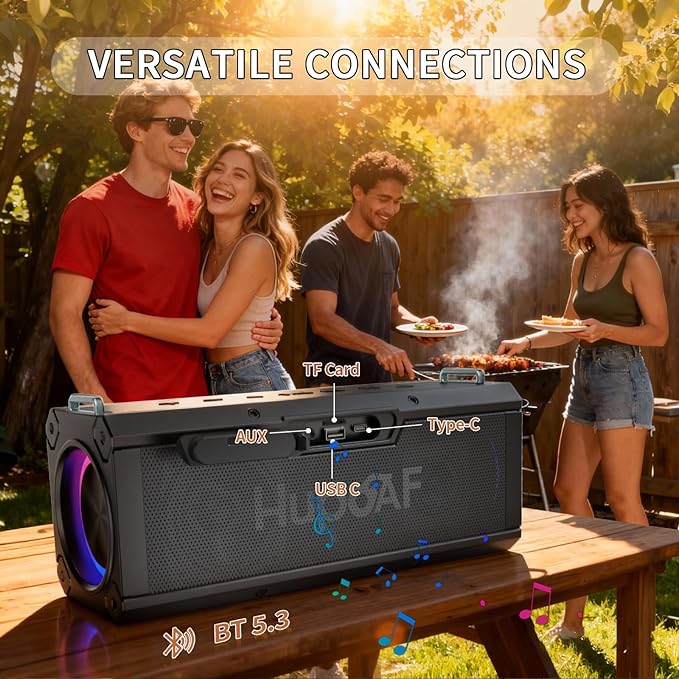 Hupoaf Speaker Bluetooth Wireless, 120W(Peak) Loud Outdoor Speaker with Deep Bass, IPX7 Waterproof, 20000mAh Power Bank/TWS/Portable Strap/EQ/Lightshow, Portable Speaker for Party/Camping/Beach/Garage