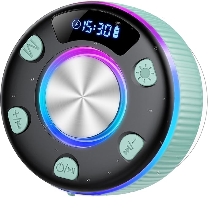 Bluetooth Shower Speaker, IP7 Waterproof Portable Bluetooth 5.3 Speakers with Suction Cup, Mini Wireless Speaker with RGB Lights Time Display, Loud Stereo Sound for Bathroom Beach Outdoor Party, Mint