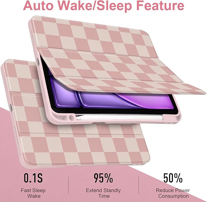 Case for iPad Air 11 inch M4 2026 M3 2025 M2 2024 Release with Pencil Holder - Aesthetic Cute Design Trifold Cover with Soft TPU Bumper Clear Back Auto Sleep/Wake for Girls Women, Lattice