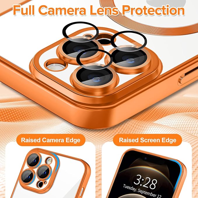 Hython Magnetic Clear for iPhone 12 Pro Max Case with Camera Lens Protector [Compatible with MagSafe] Plating Edge Slim Soft TPU Cover Protective Phone Case for iPhone 12 Pro Max 6.7", Matte Orange
