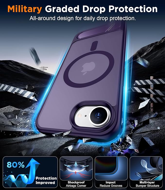 Magnetic Compatible with iPhone 16E Case, [Built-in Invisible Kickstand][Compatible with MagSafe][Military Grade Shockproof] Slim Translucent Matte Case for iPhone 16E 6.1" 2025