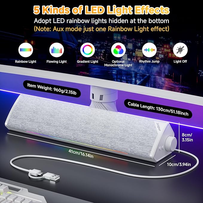 SOULION Computer Speakers, USB-Powered Bluetooth PC Soundbar with Dynamic RGB LED Lights, Surround Sound for Desktop, Laptop, Office, Work, Music & Gaming White (USB-C to USB Adapter Included)
