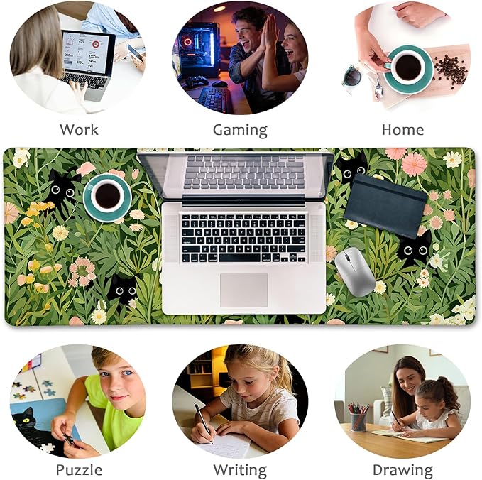 LIMKRIAN Anime Cat Mouse Pad Green Desk Mat, XL Gaming Mouse Pad with Stitched Edges Non-Slip, Large Keyboard Mat for Desktop Computer Laptop Work Home Cute Office Desk Accessories 31.5x11.8 in