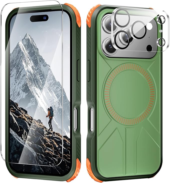 3 in 1 for Heavy Duty iPhone 17 Pro Max Case with Screen Protector & Camera Lens Protector ,7X Military-Grade Drop Protection ,Fits MagSafe ,Rugged & Slim shockproof Case for iPhone 17 Pro Max ,Green