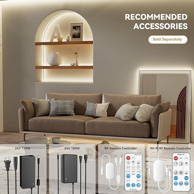 PAUTIX COB LED Strip Lights 48ft/15m Super Bright,504 LEDs/m Natural White 4000K CRI90+ Flexible LED Tape 24V for Cabinet Home DIY Lighting Projects with 2pcs COB Connector(Power Supply Not Included)