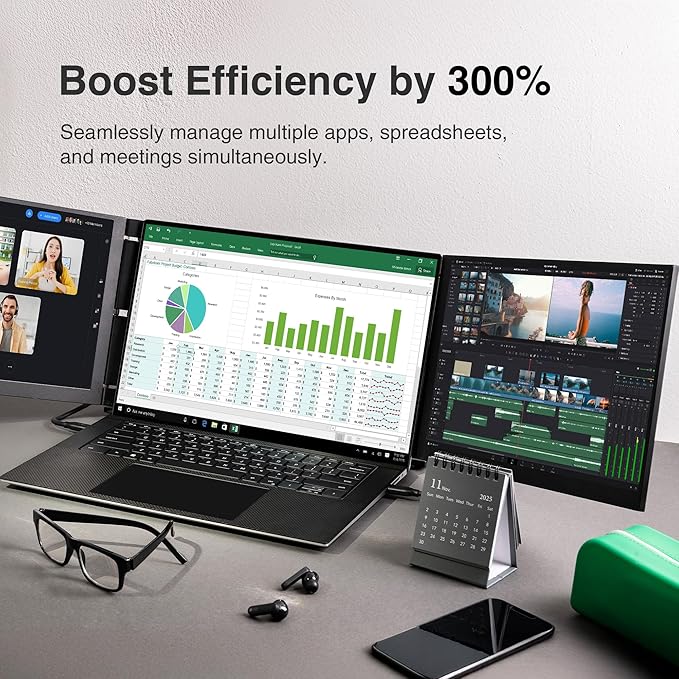 Trio 3 Pro 14.1" Mobile Pixels Portable Laptop Monitor(2026 Version), 1400p QHD Triple Monitor with Built-in Kickstand, One USB-C Cable Setup Laptop Screen Extender(Optional Magnets), Windows/macOS