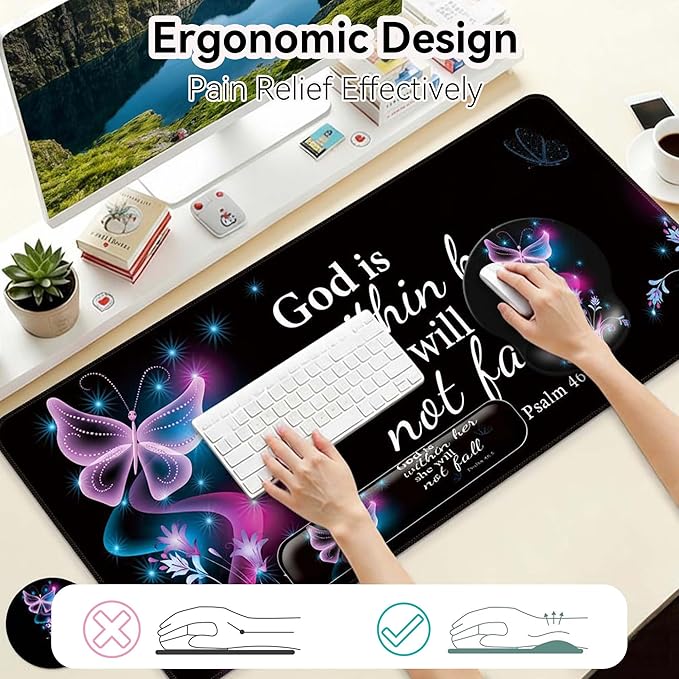 Desk Mat Set + Keyboard and Mouse Pad with Wrist Rest Support,4-in-1 Large Mousepad Computer Mats for Desktop Home & Office-Purple Butterflies