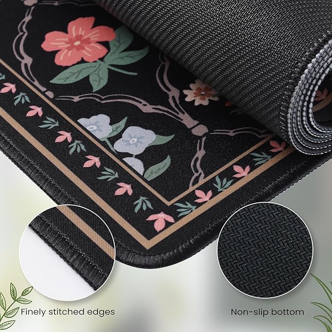 iCasso Floral Desk Pad Mat, Large Mouse Pad, Desk Matt for Desktop, Anti-Slip XXL Big Mousepad with Stitched Edges for Computer Keyboard (Black Moroccan)