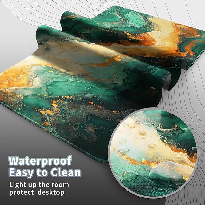 Gaming Mouse Pad, Keyboard Mouse Pad 31.5x15.7 inch XXL Large Computer Laptop Cool Desk Mat with Non-Slip Rubber Base and Stitched Edge for Home Office Work, Green Orange Marble