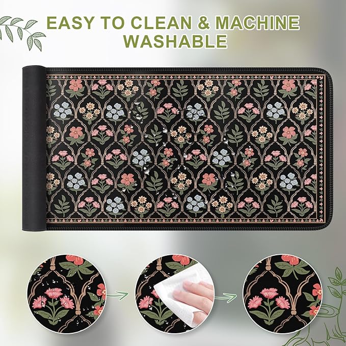 iCasso Floral Desk Pad Mat, Large Mouse Pad, Desk Matt for Desktop, Anti-Slip XXL Big Mousepad with Stitched Edges for Computer Keyboard (Black Moroccan)