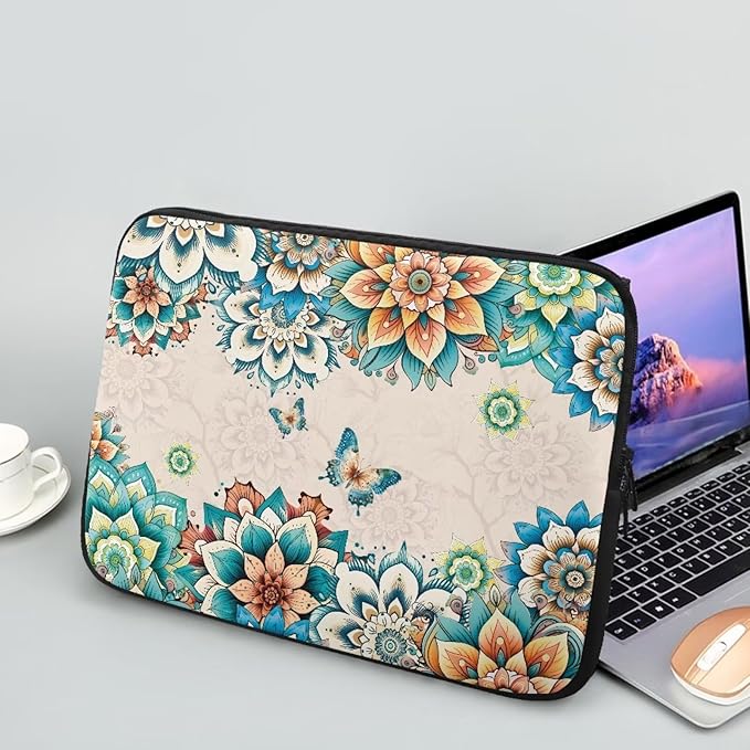 Boho Flower Butterfly Laptop Protective Sleeve for Women Computer Sleeve 12 Inch Laptop Case Bag Portable Computer Carrying Case Suitable GITS for Men Teens
