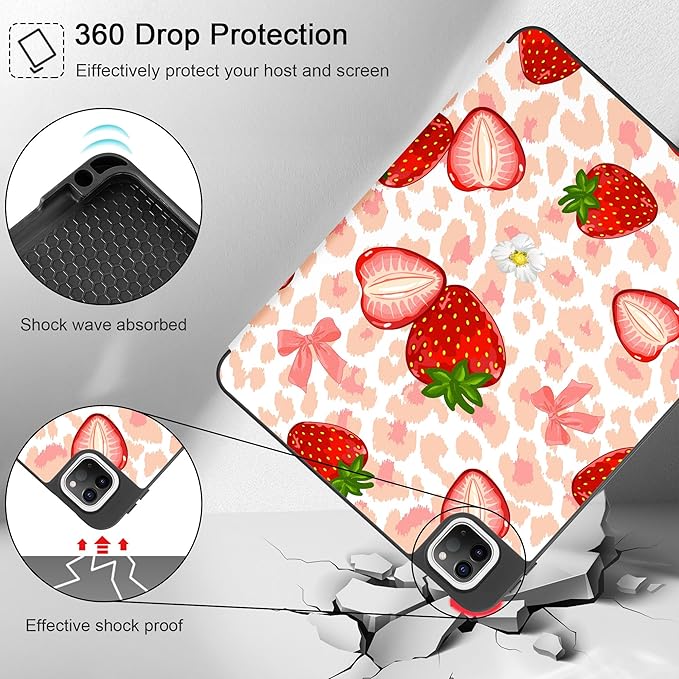 May Chen Case for iPad Pro 11 inch (4th, 3rd, 2nd & 1st Gen) 2022 2021 2020 2018,Trifold Stand with Auto Wake/Sleep Soft TPU Protective Stand Back Cover, Leopard Print Strawberry