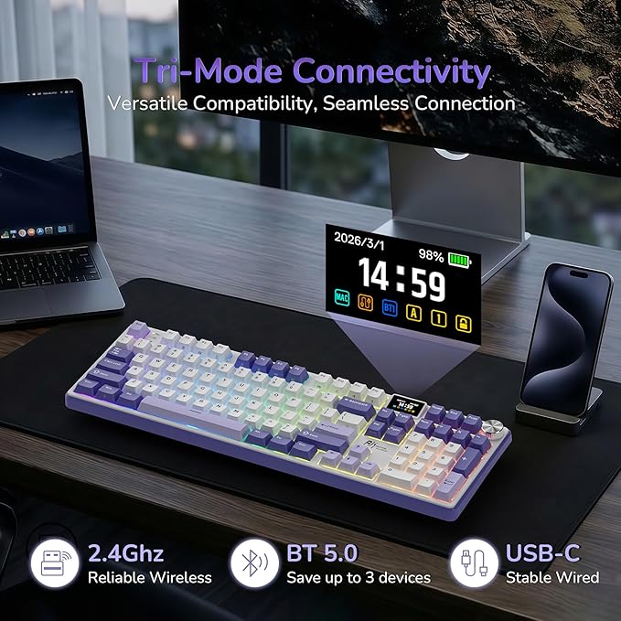 RK ROYAL KLUDGE S104 Wireless Mechanical Keyboard w/Screen & Knob, Full Size Gaming Keyboard with 8000mAh Battery, RGB Backlit Hot Swappable Pre-lubed Switches, Creamy Sounding Computer Keyboards