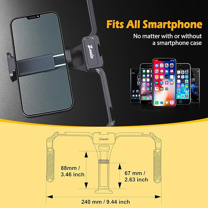 Zeadio Aluminum Smartphone Stabilizer Grip, Foldable Cellphone Video Rig, Filmmaking Vlogging Case, Phone Stabilizer Tripod Mount for All iPhone and Android Smartphones
