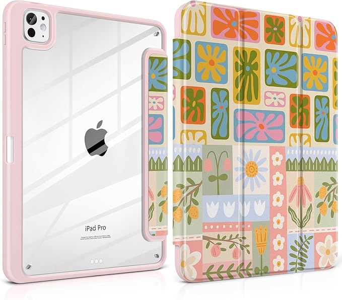 Case for iPad Pro 11 inch (M5) 2025 (M4) 2024 Release Slim Lightweight Cute Light Pink Cover with Clear Back TPU Edge Pencil Holder Trifold Stand, Flower Patchwork