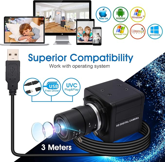 USB Camera 4K Ultra HD Mini Webcam with 2.8-12mm Optical Zoom Lens Camera High Speed USB2.0 30FPS Web Camera for Mac,Window,Linux,Android