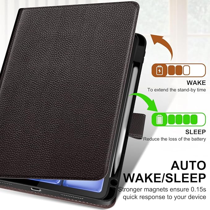Genuine Leather Case for iPad Air 11" M4 2026/M3 2025/M2 2024, 5th/4th Gen 10.9" | with Pencil Holder and Adjustable Stand, Magnetic Closure, Auto Wake/Sleep Cover | Dark Brown