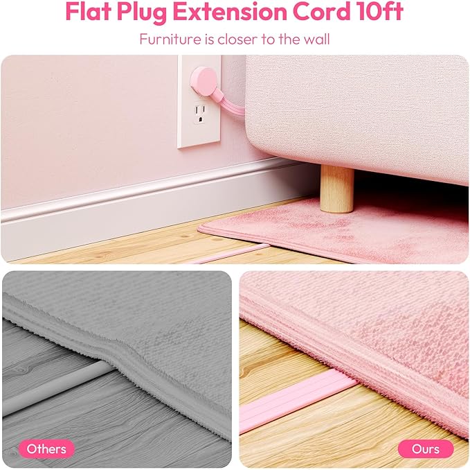 NTONPOWER Pink Extension Cord 10 ft, Flat Plug Power Strip with 2 USB-C & 2 USB-A, Flat Extension Cord Under Carpet, Wall Mount, Pink Power Strip for Indoor, Home, Vanity Desk, Nightstand, Dorm Room