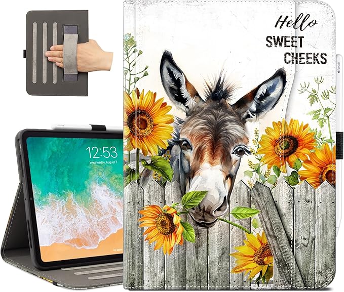 Vimorco for iPad Pro 11-inch Case M5/M4 2025/2024, Sunflower for iPad Pro Case 11 Inch M5/M4 Pencil Holder/Hand Strap/Pocket/Screen Protection Band,Adjustable Angle,Auto Sleep/Wake, Funny Donkey