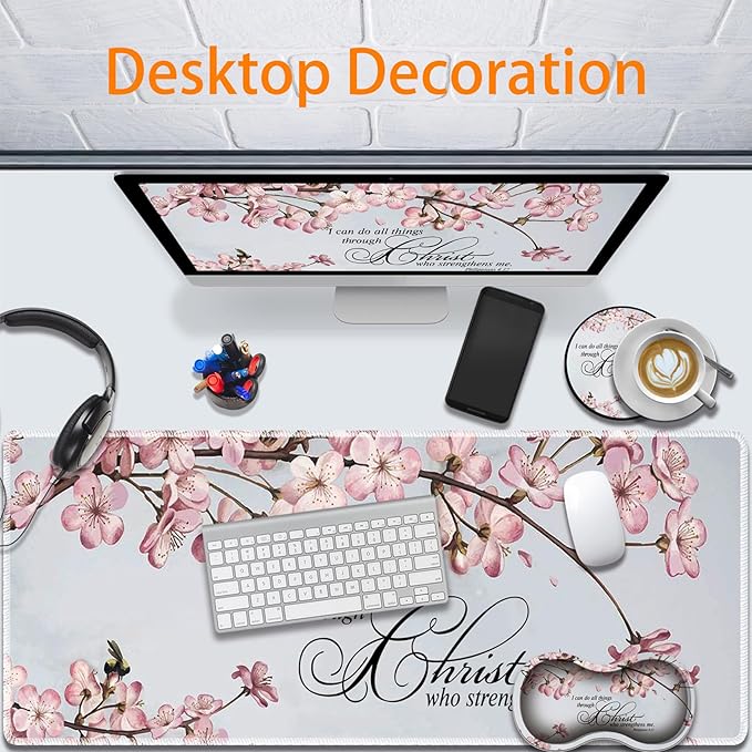 Durable Desk Mat + Wrist Rest Pad + Coasters Set, Large Gaming Office Mouse Pad 31.5 "x 11.8", Extended Non-Slip Rubber Keyboard Pad, Laptop & Home, Philippians 4-13