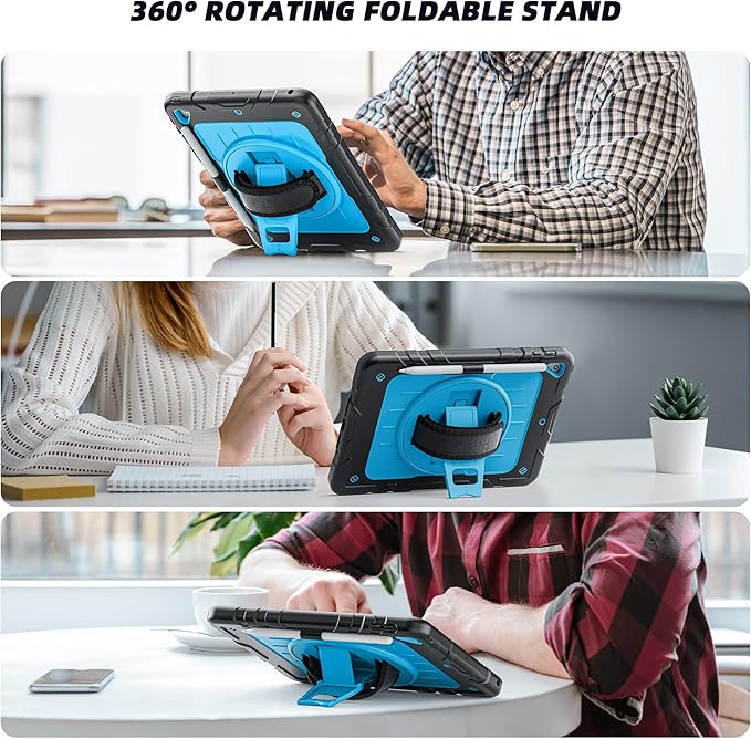 Case for iPad 6th/5th Generation 9.7'' with Screen Protector Pencil Holder [360 Rotating Hand Strap] &Stand, Drop-Proof Case for iPad 6th/5th/ Air 2/ Pro 9.7 (Black&Sky Blue)