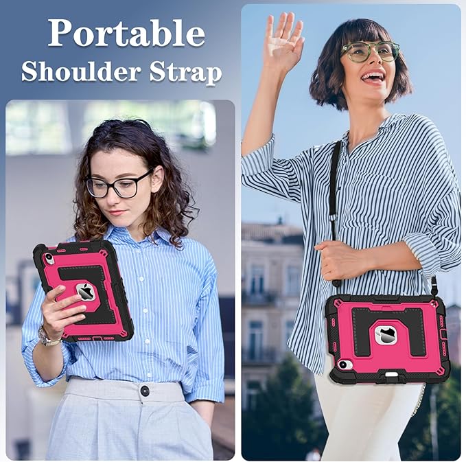 Kids Friendly Case for Apple iPad mini 7 A17 Pro 2024/iPad Mini 6 2021 8.3 Inch 7th/6th Gen Case with Pencil Holder & Shoulder Strap, Shockproof Kickstand Hard Shell Protective Cover,Black+Rose