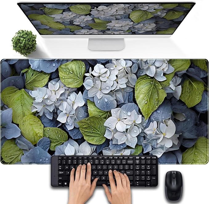 Large Desk Mat Hydrangea Floral Extended Gaming Mouse Pad, Keyboard Mouse Mat for Office & Home, Cottagecore Desk Pad XXL Computer Desktop Pad, Office Desk Accessories for Women 31.5×15.7 Inch