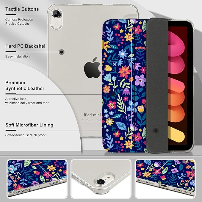 DONGKE for iPad mini 7 (A17 Pro) 2024 & iPad mini 6 2021 8.3 Inch, Slim Foldable Stand Hard PC Translucent Back Shell Smart Cover for iPad mini 7th/6th Generation [Auto Wake/Sleep] - Cute Floral