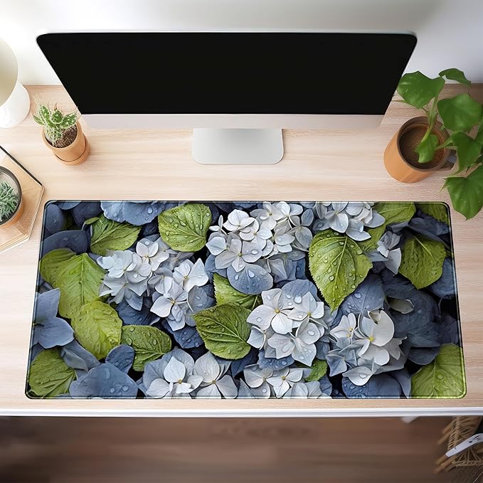 Large Desk Mat Hydrangea Floral Extended Gaming Mouse Pad, Keyboard Mouse Mat for Office & Home, Cottagecore Desk Pad XXL Computer Desktop Pad, Office Desk Accessories for Women 31.5×15.7 Inch