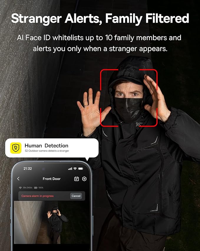 Baseus S2 4K Solar Security Cameras Wireless Outdoor - Radar+PIR Detection, AI Face Recognition, Auto Sunlight-Tracking, Color Night Vision, IP67, No Monthly Fee, Local Storage, Featured at CES 2025