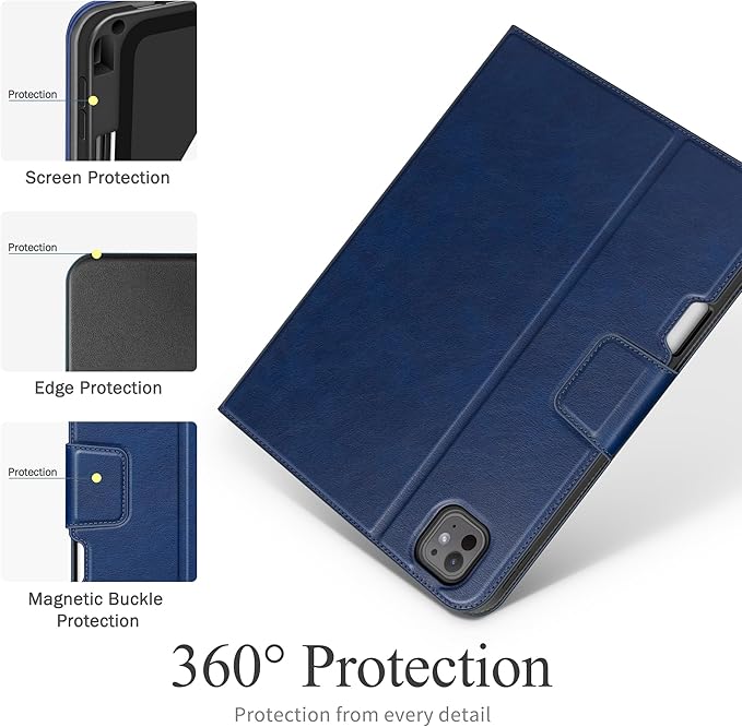 auaua Case for iPad Pro 11 Inch (M5/M4) 2025/2024, with Pencil Holder and Pocket, Multiple Angles Viewing, Magnetic Closure, Auto Sleep/Wake (Blue)
