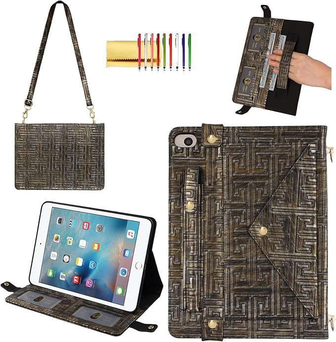 Handbag Case for iPad Mini 5th 4th 3rd 2nd 1st Generation (Prior to 2019) - Techcircle Vintage Pattern Crossbody Folio Stand Wallet Case with Pencil/Card Holder, Hand Grip/Shoulder Strap, Retro Bronze