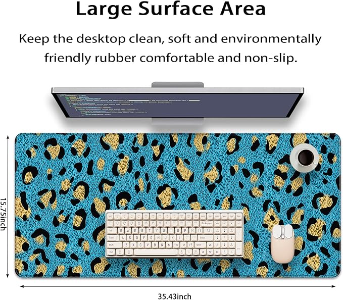 35.4 x 15.7 in, XXL Large Mouse Pad for Desk, Extended Keyboard Mouse Mat for Computer Office, Big Mouse pad with Stitched Edges, Gaming Pc-Leopard Print on Blue